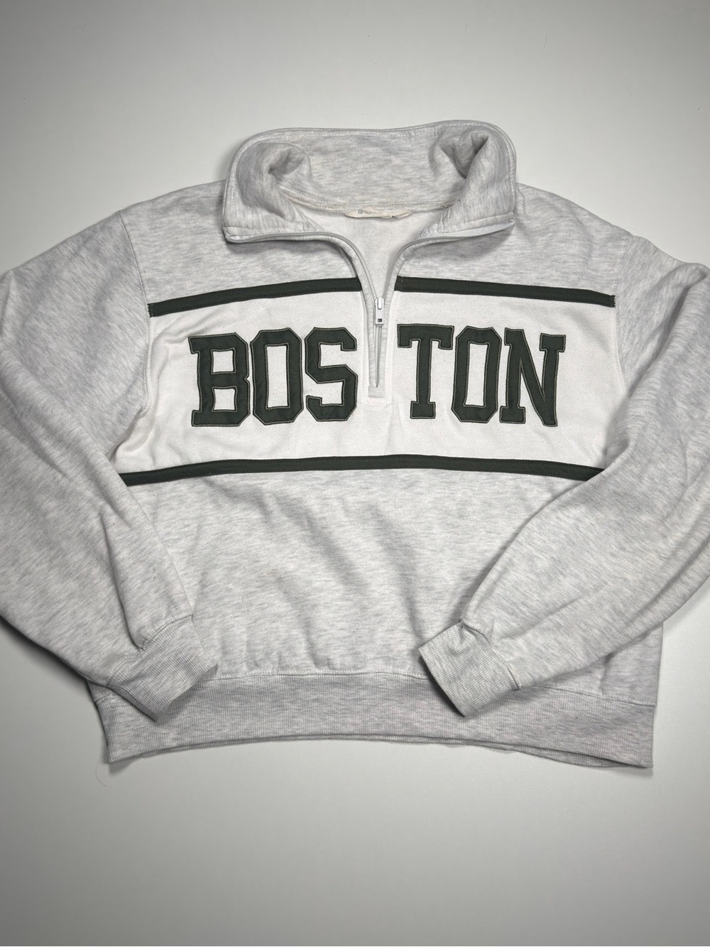 Bluenotes Light Gray Quarter-Zip Sweater with Dark Green Lettering womens M